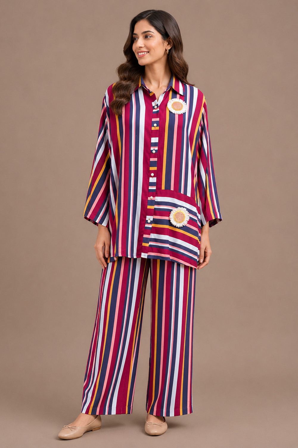 Premium Multicolor Stripe Shirt & Palazzo Pants Co-Ord Set