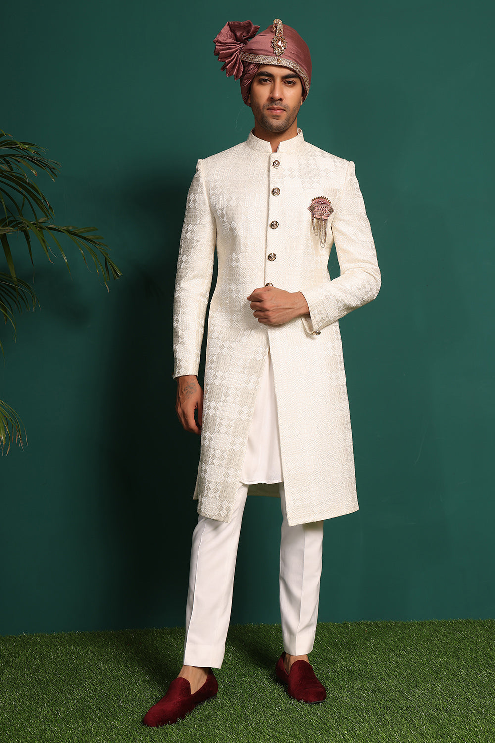 Pure silk Ivory White Sherwani with Kantha Work