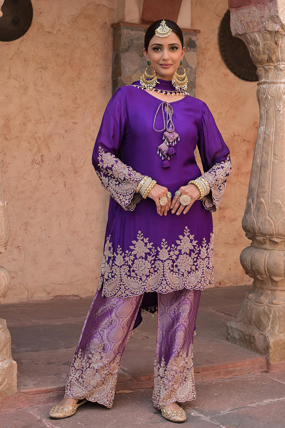 Purple Brocade Kurti Pant Set Designer Floral Festive Wear