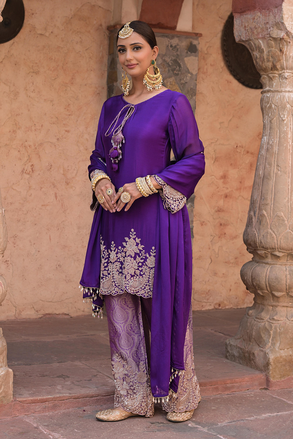 Purple Brocade Kurti Pant Set Designer Floral Festive Wear