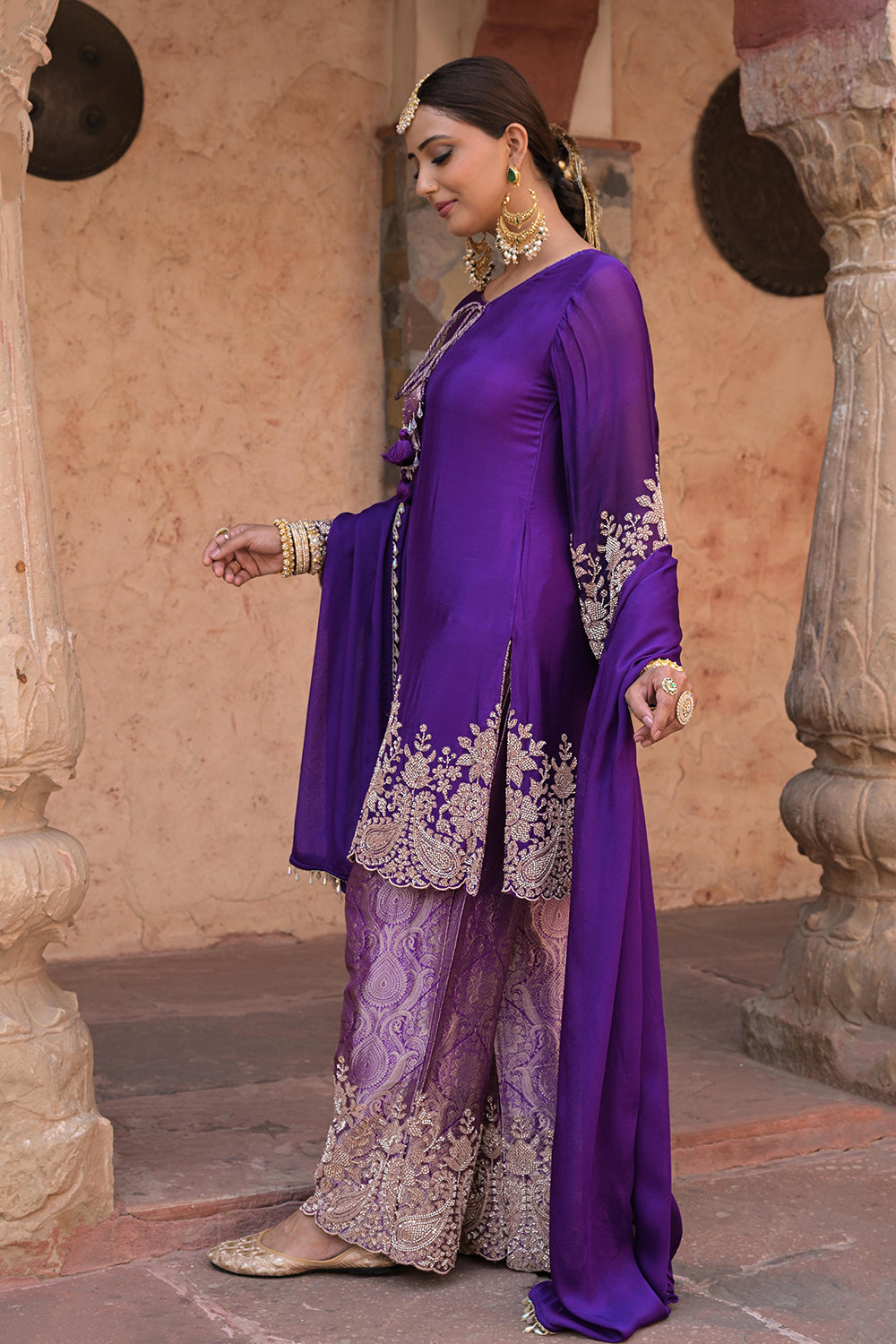 Purple Brocade Kurti Pant Set Designer Floral Festive Wear