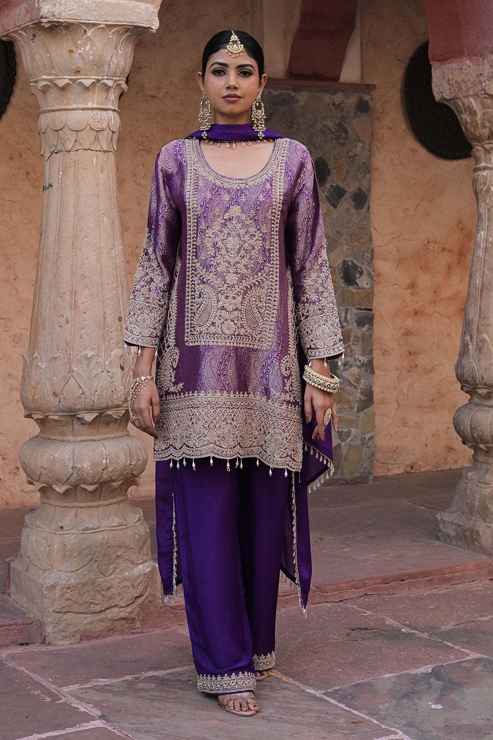 Purple Brocade Kurti Pant Set Elegant Festive Party Look