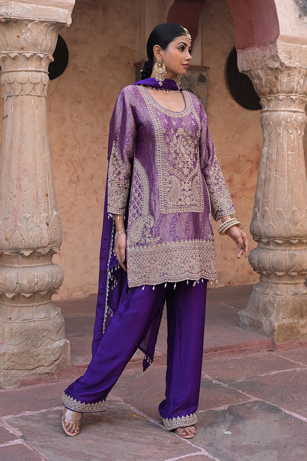 Purple Brocade Kurti Pant Set Elegant Festive Party Look