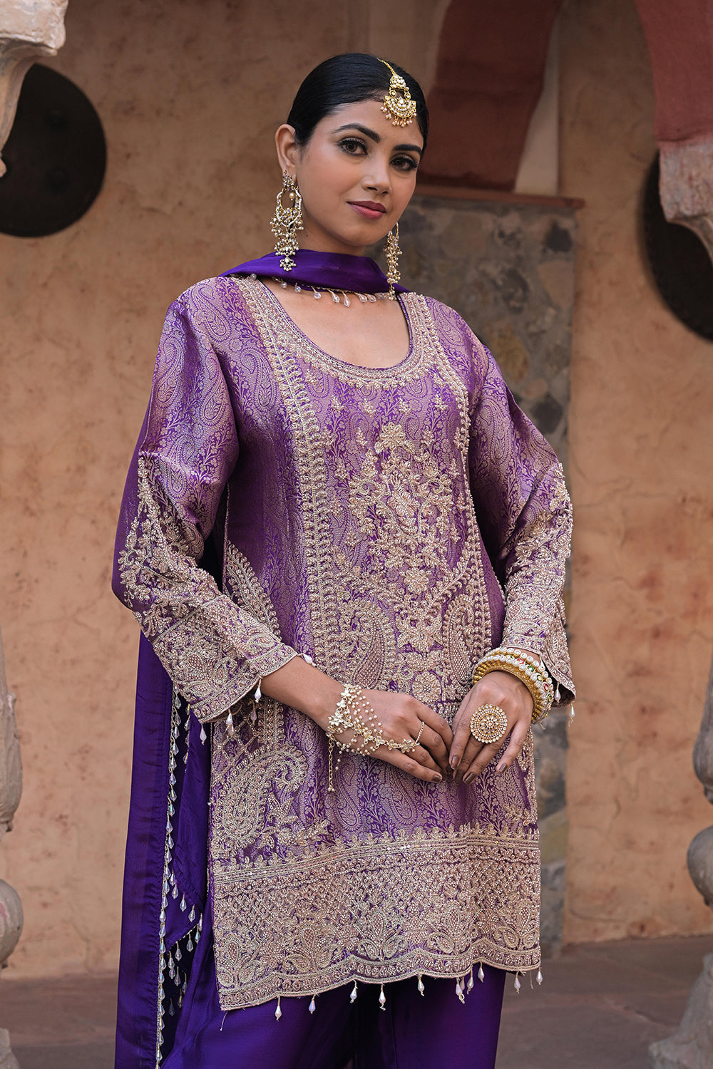 Purple Brocade Kurti Pant Set Elegant Festive Party Look
