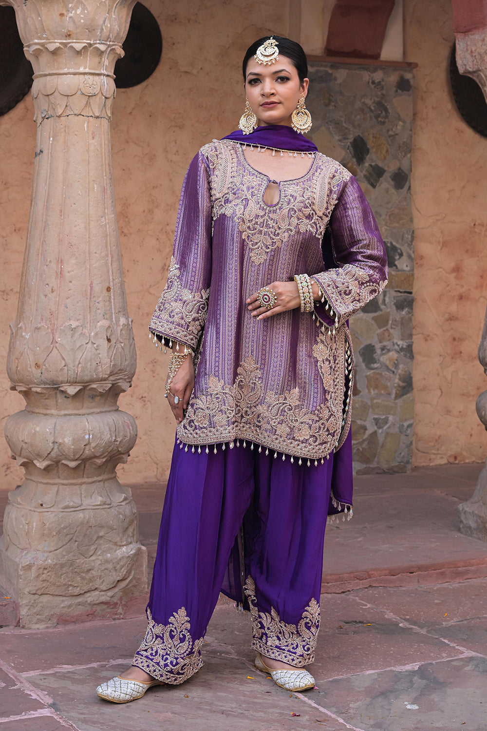 Purple Brocade Kurti Plazzo Set Festive Indian Designer Wear
