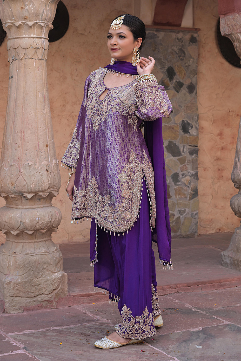 Purple Brocade Kurti Plazzo Set Festive Indian Designer Wear