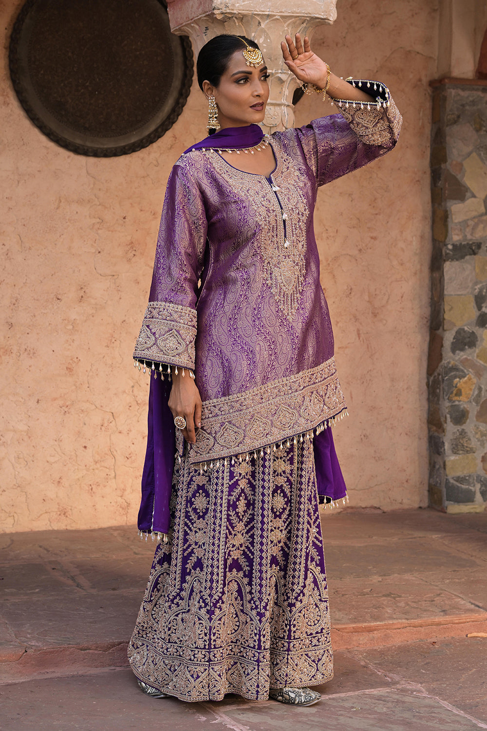 Purple Brocade Kurti Sharara Set Elegant Festive Party Outfit