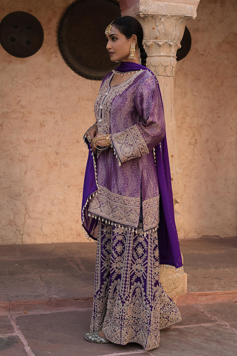 Purple Brocade Kurti Sharara Set Elegant Festive Party Outfit