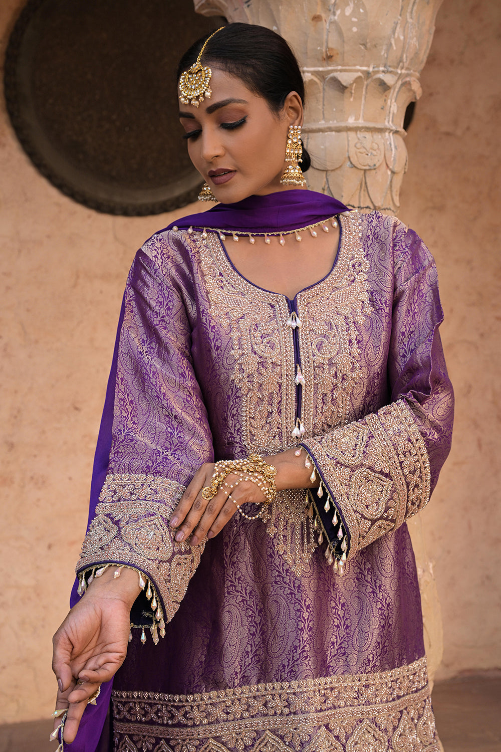 Purple Brocade Kurti Sharara Set Elegant Festive Party Outfit