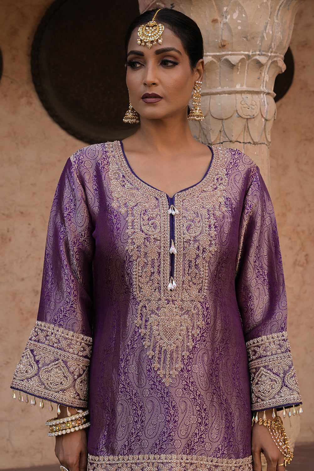 Purple Brocade Kurti Sharara Set Elegant Festive Party Outfit