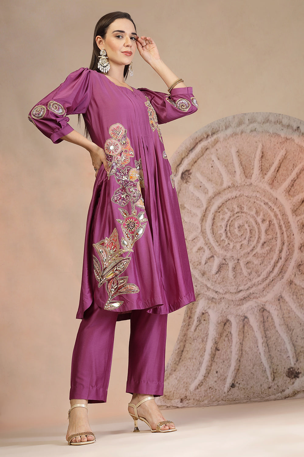 Purple Muslin Kurta & Pant Set with Balloon Sleeves and Detailing