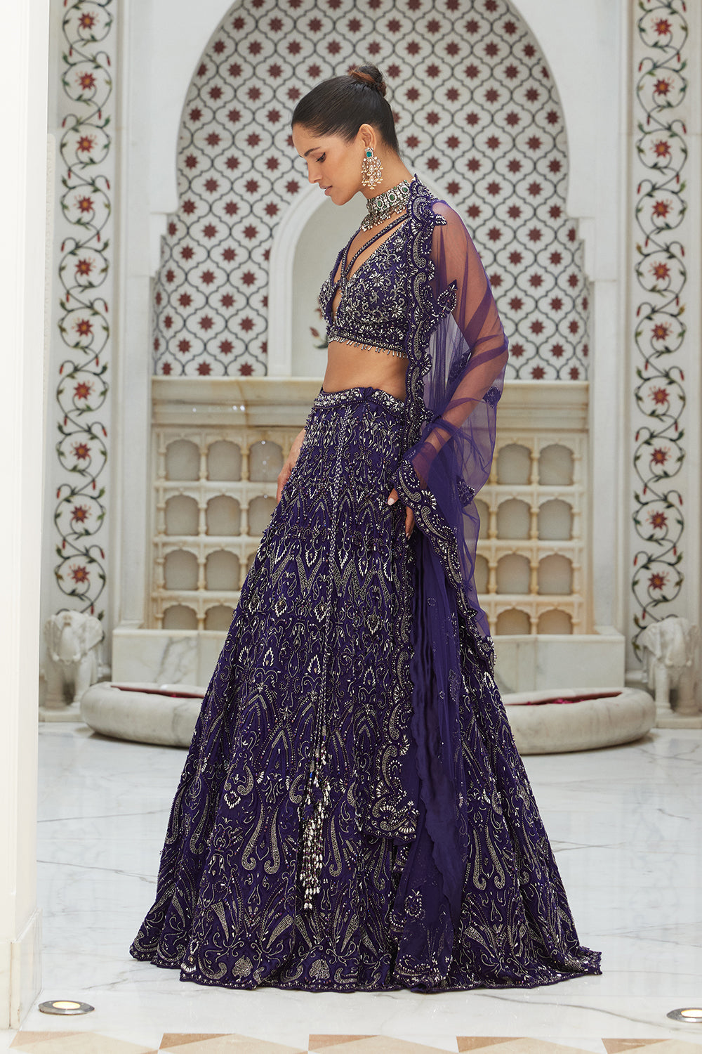 Purple Net Lehenga Choli Dupatta Set