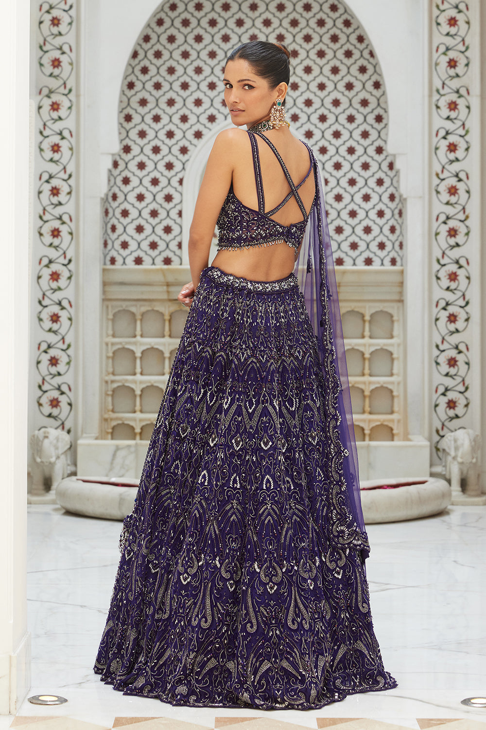 Purple Net Lehenga Choli Dupatta Set