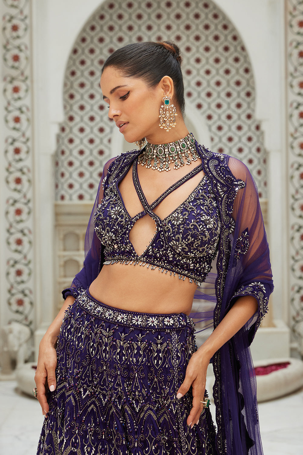 Purple Net Lehenga Choli Dupatta Set