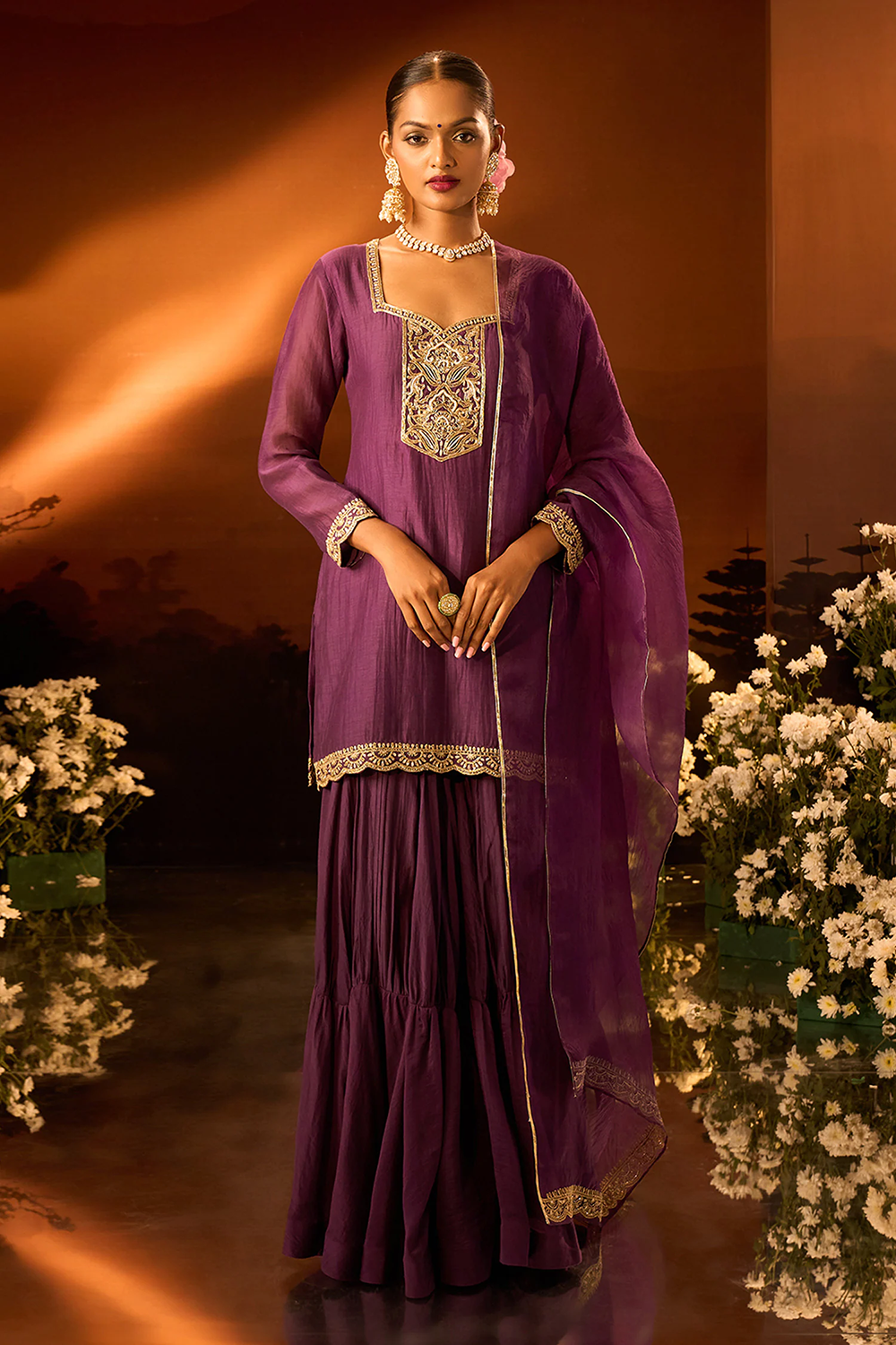 Purple Silk Chanderi Kurta Gharara Set