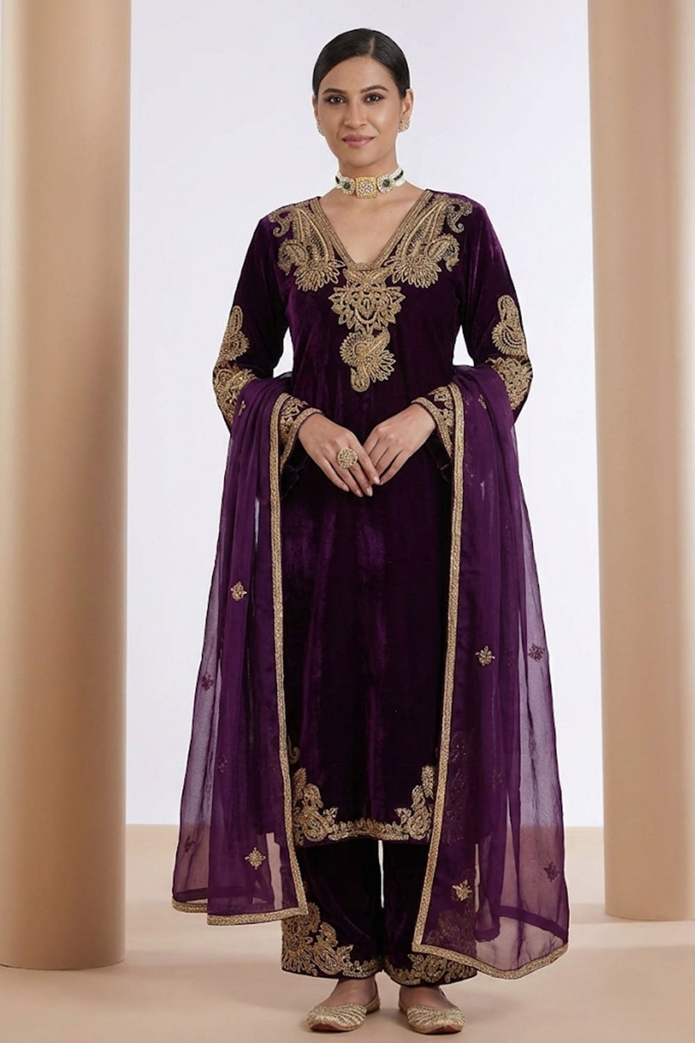 Purple Velvet Kurta Set with Organza Dupatta