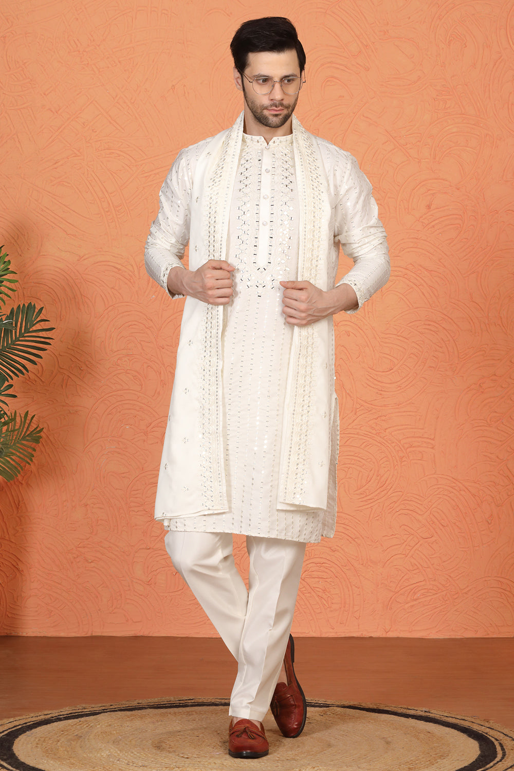 Raas Mirror  Embroidered Kurta with  Back Elastic Pants And Dupatta