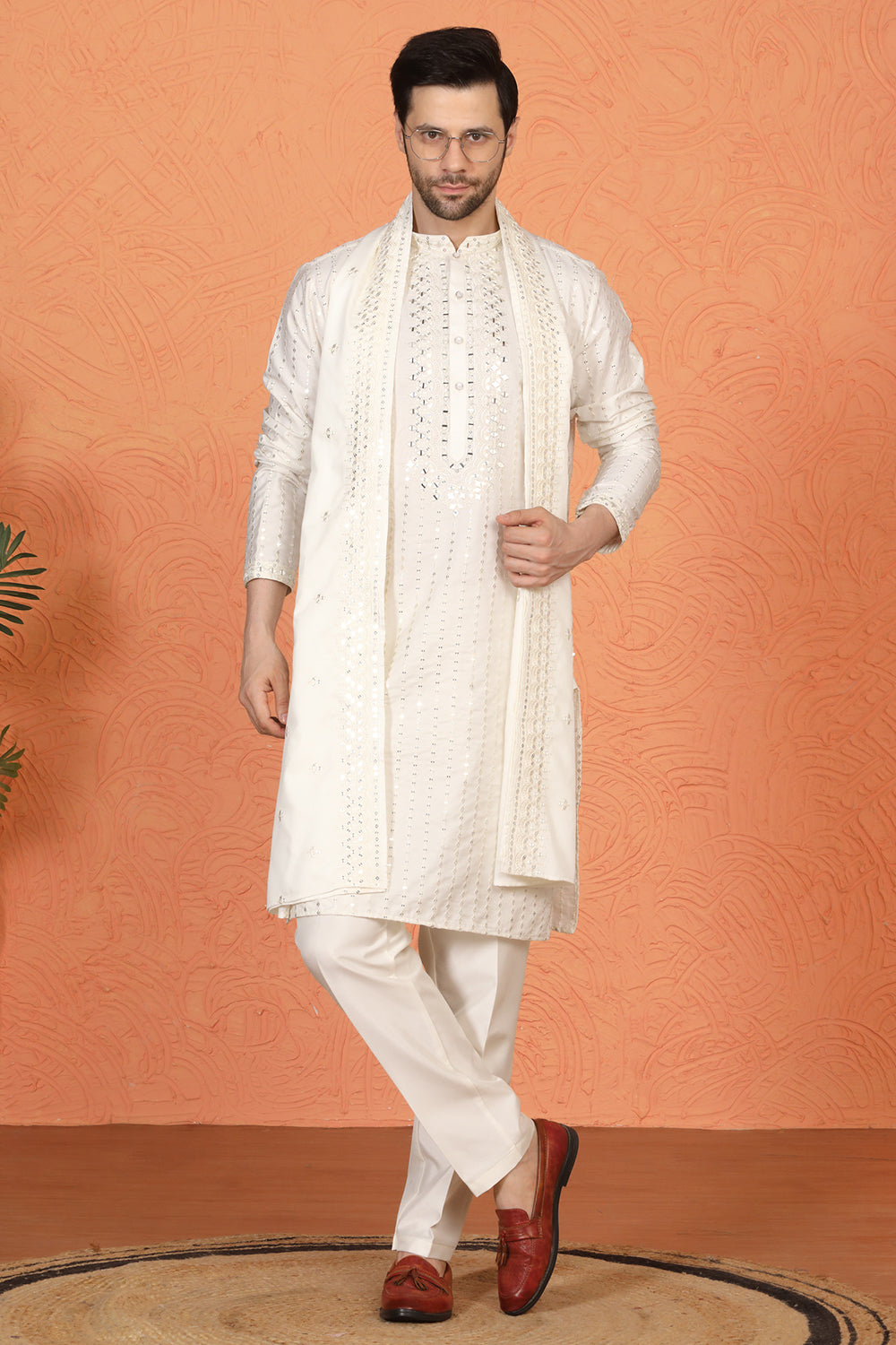 Raas Mirror  Embroidered Kurta with  Back Elastic Pants And Dupatta