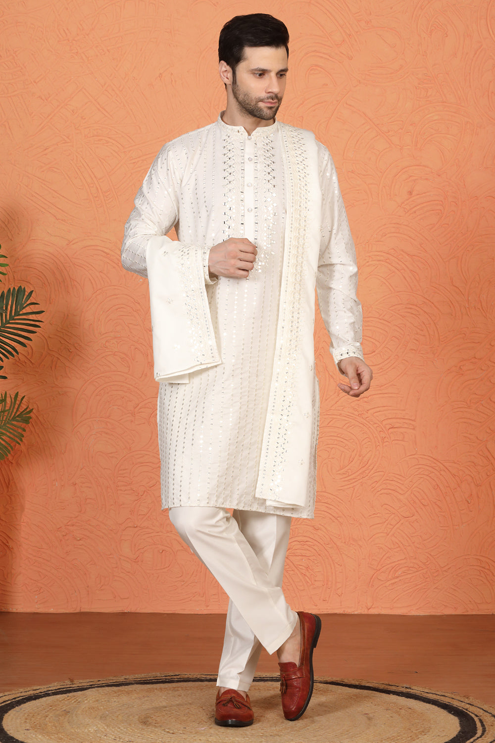 Raas Mirror  Embroidered Kurta with  Back Elastic Pants And Dupatta