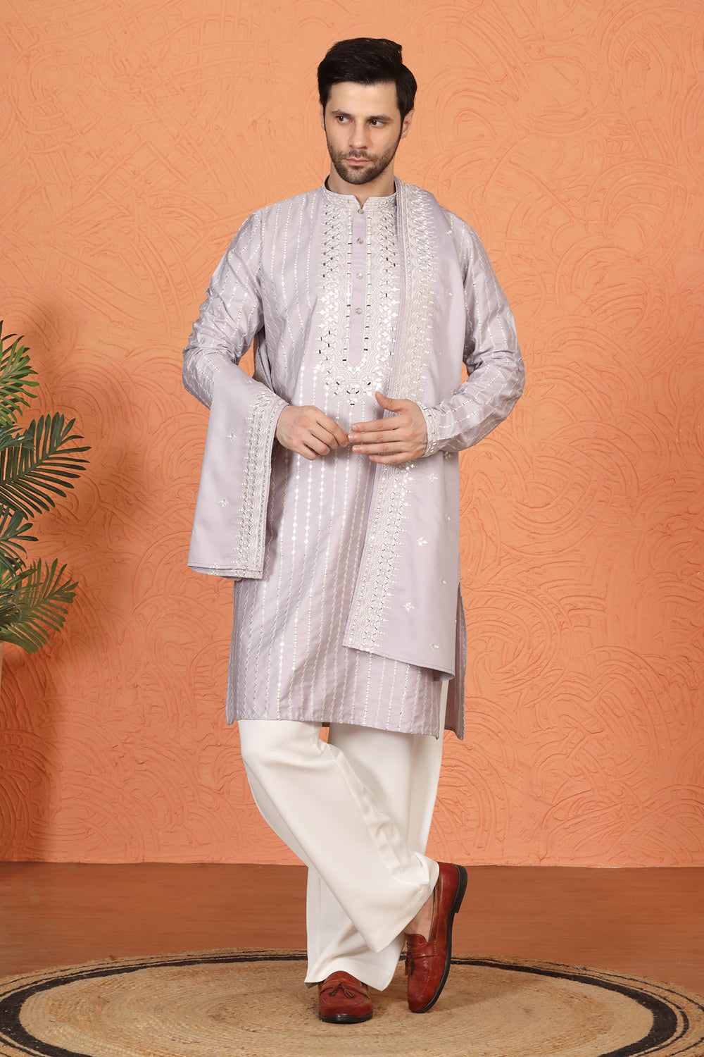 Raas Mirror  Embroidered Kurta with  Loose Fit Parallel  Pants And Dupatta