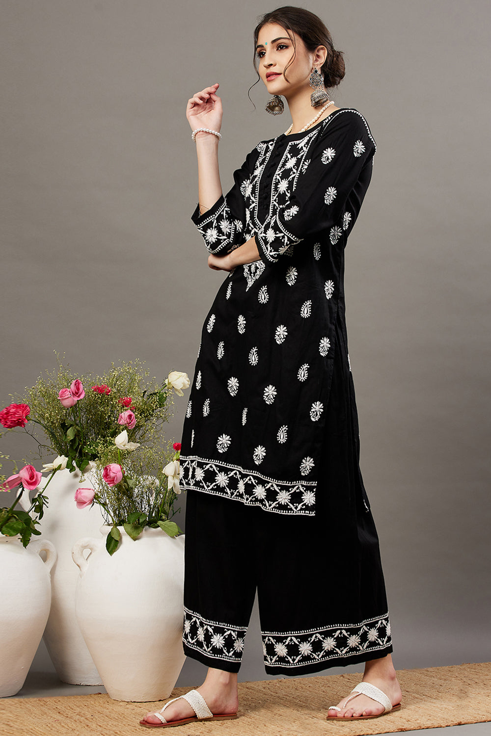 Black Cotton Chikankari Kurta / Palazzo Set