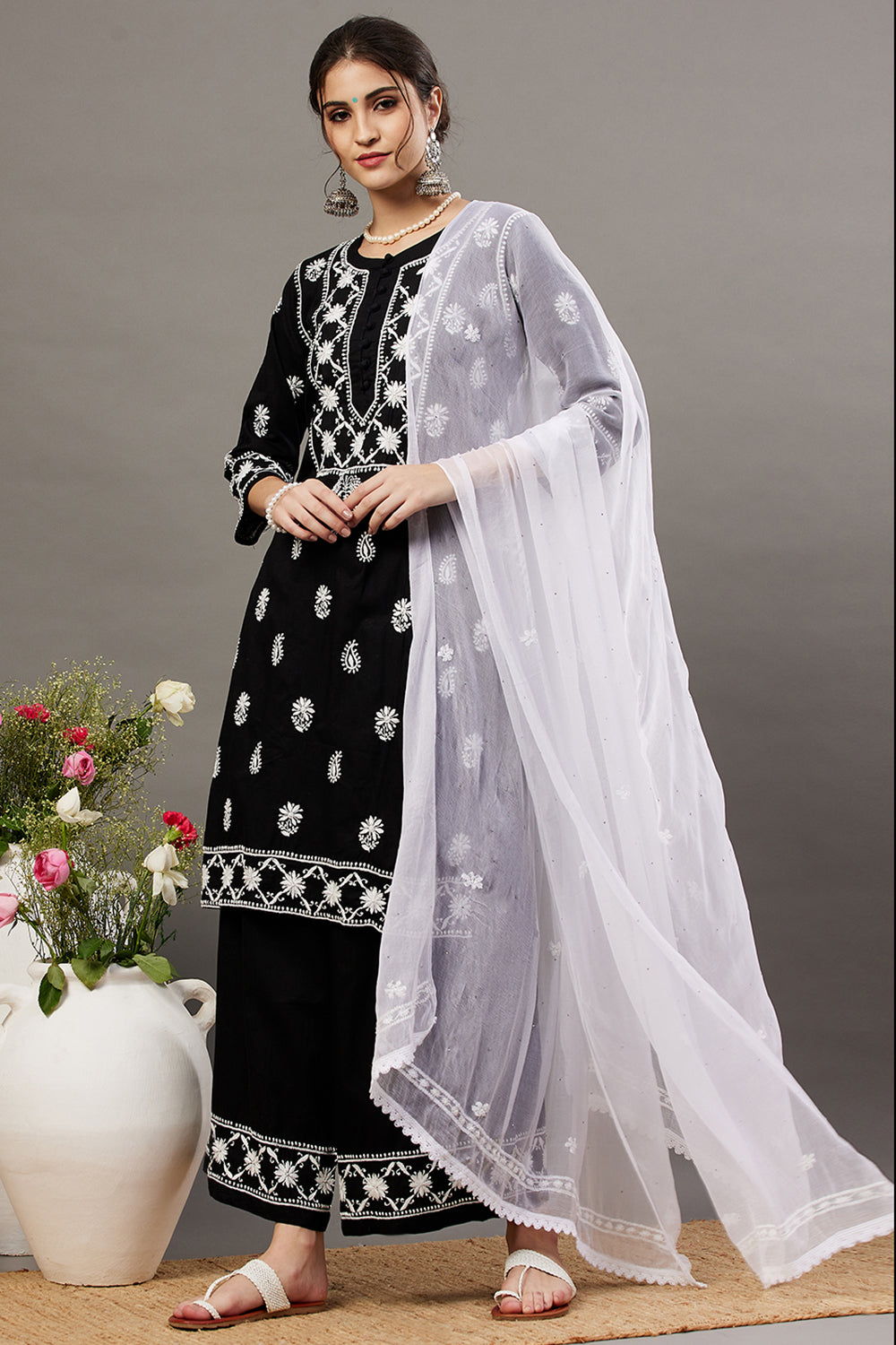 Black Cotton Chikankari Kurta / Palazzo Set