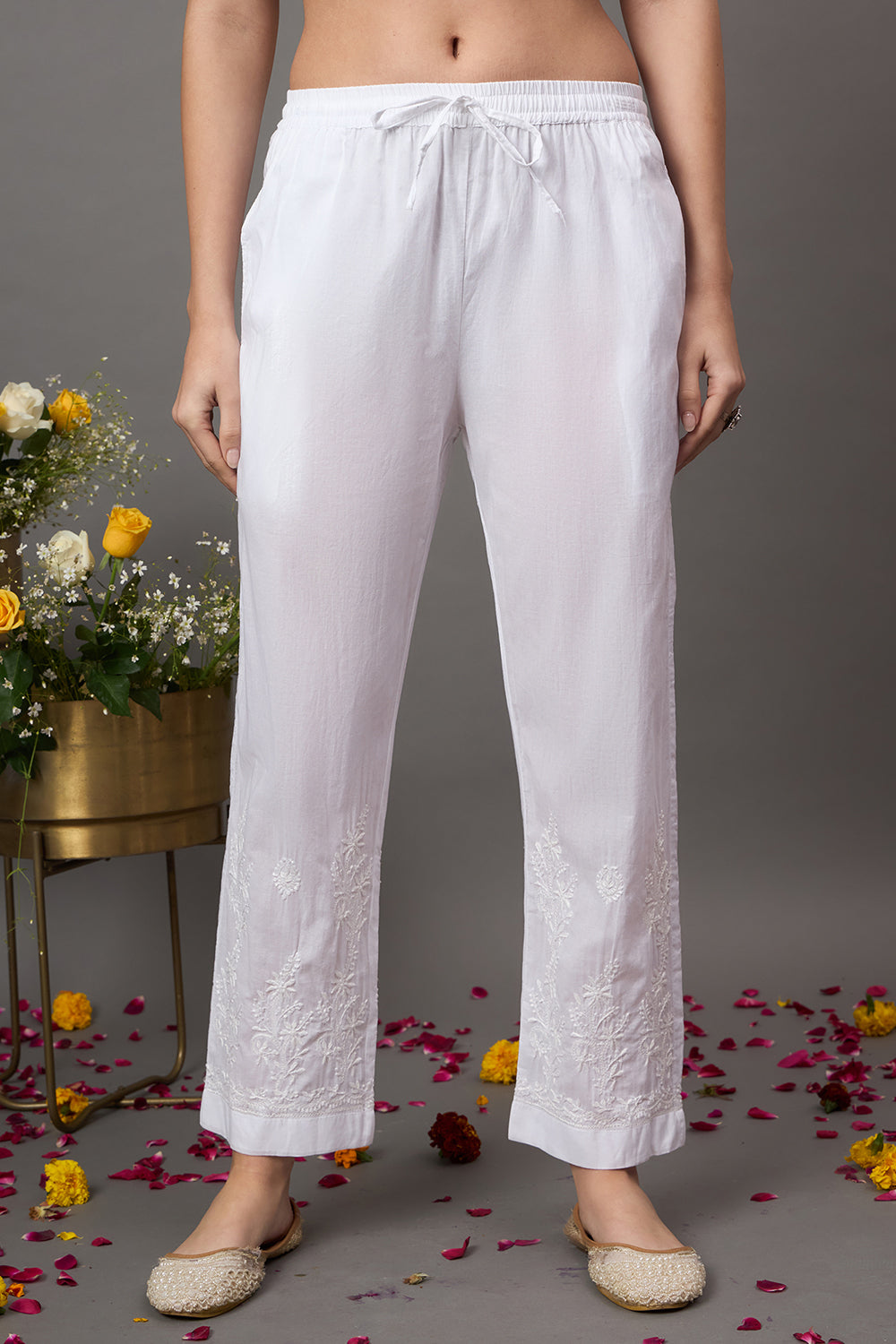 White Cotton Pants With  Elsticated Waist And Draw Strings With Chikankari