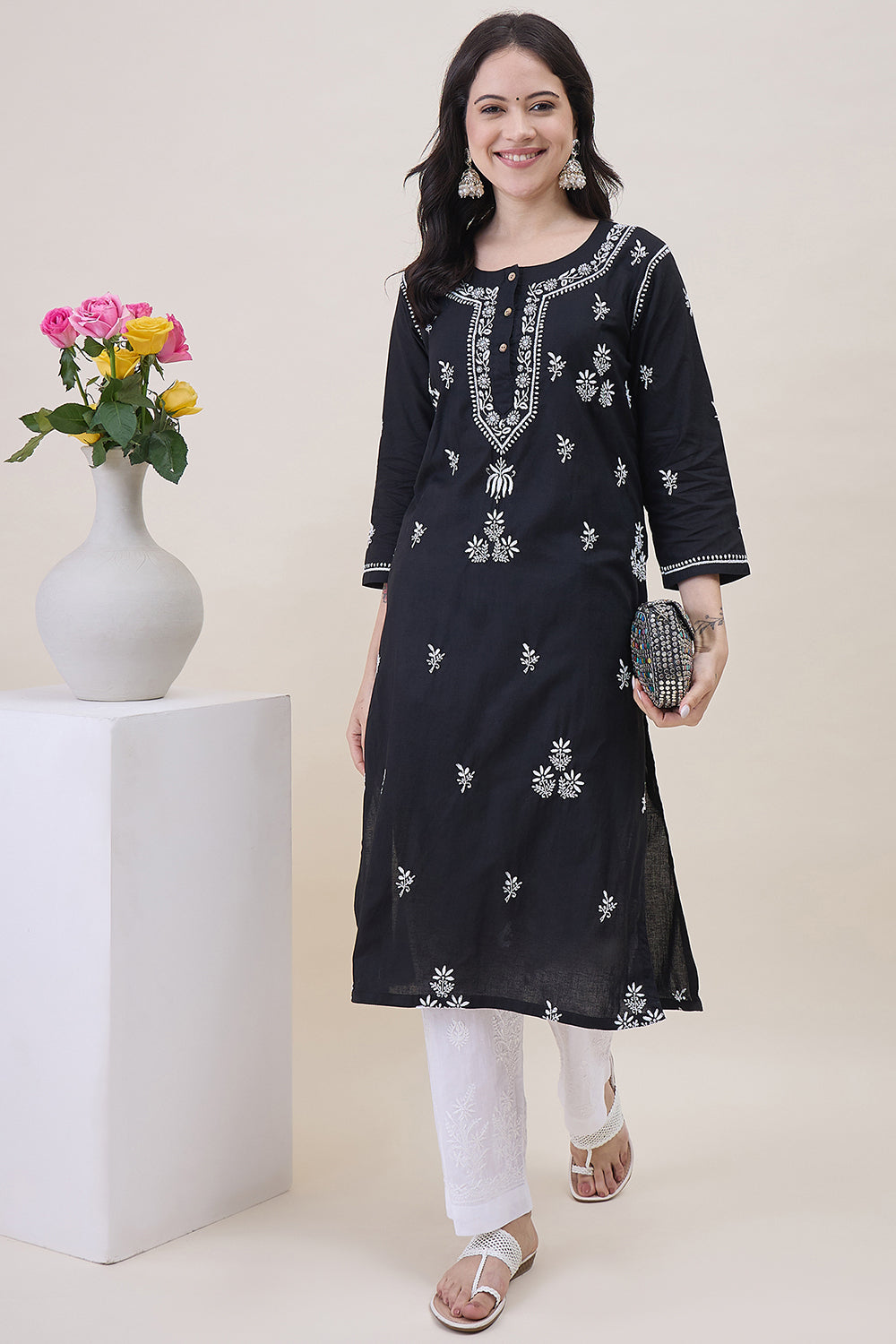 Black Cotton  Round Neck Chikankari Kurta With Side Pockets
