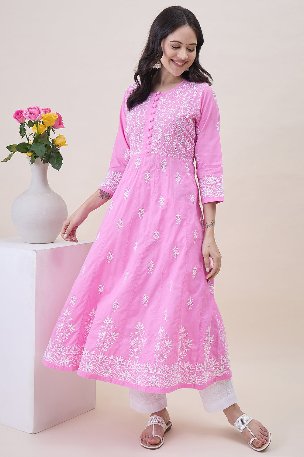 Pink Cotton Round Neck Anarkali With Chikankari