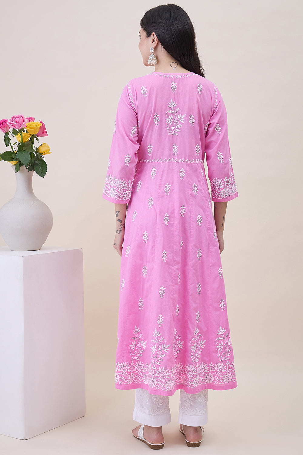 Pink Cotton Round Neck Anarkali With Chikankari