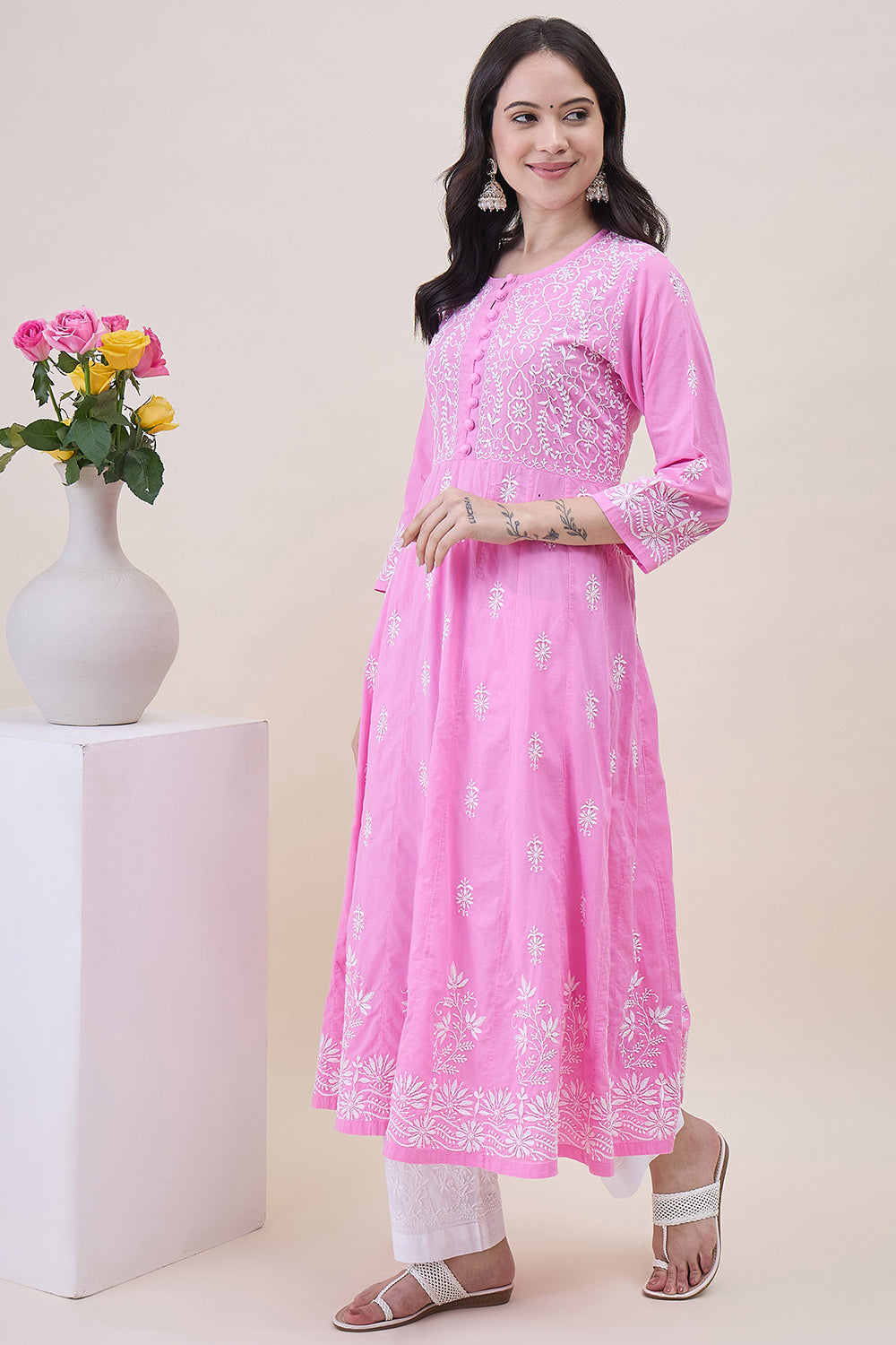 Pink Cotton Round Neck Anarkali With Chikankari