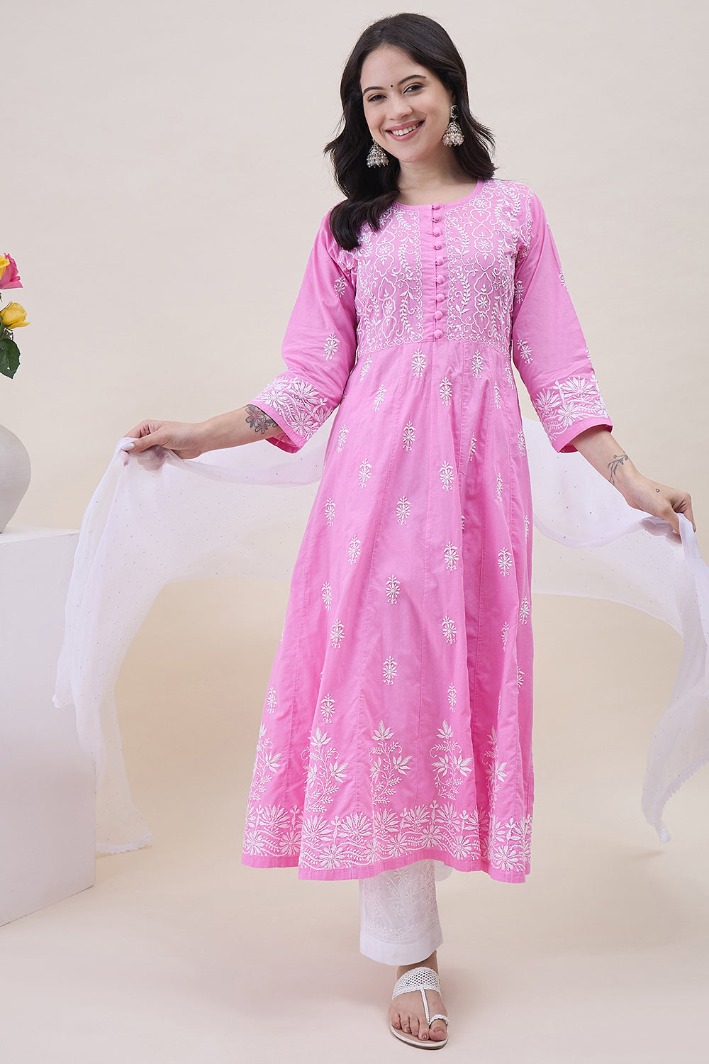 Pink Cotton Round Neck Anarkali With Chikankari