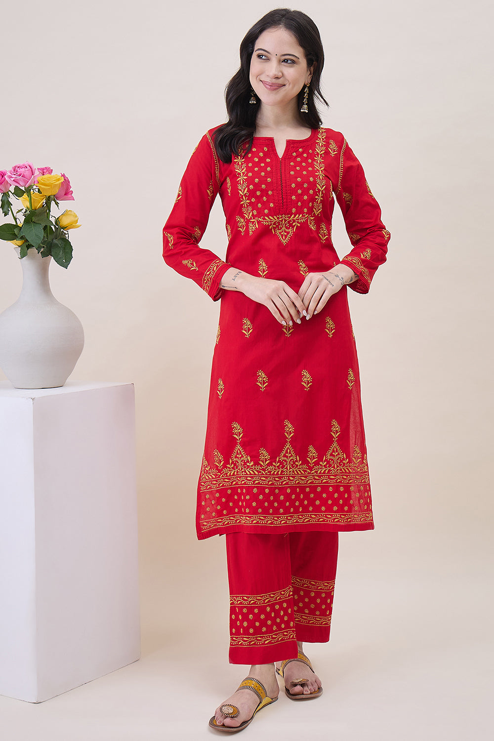 Red Cotton Mustard Chikankari Kurta With Pants With Pockets And Mustard Chikankari