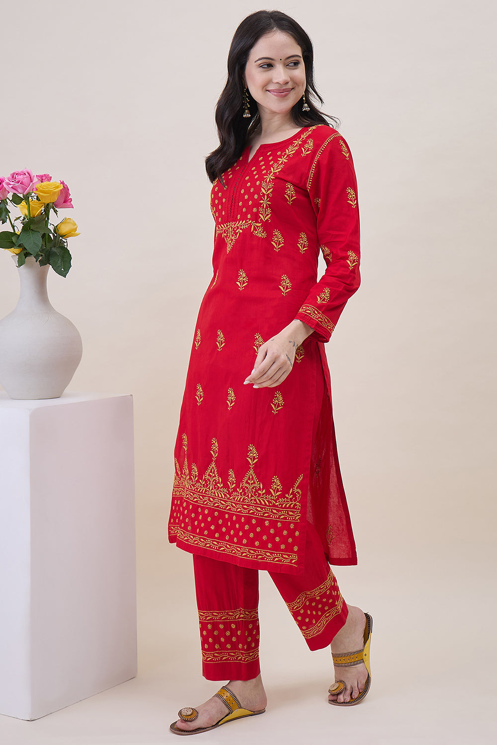 Red Cotton Mustard Chikankari Kurta With Pants With Pockets And Mustard Chikankari