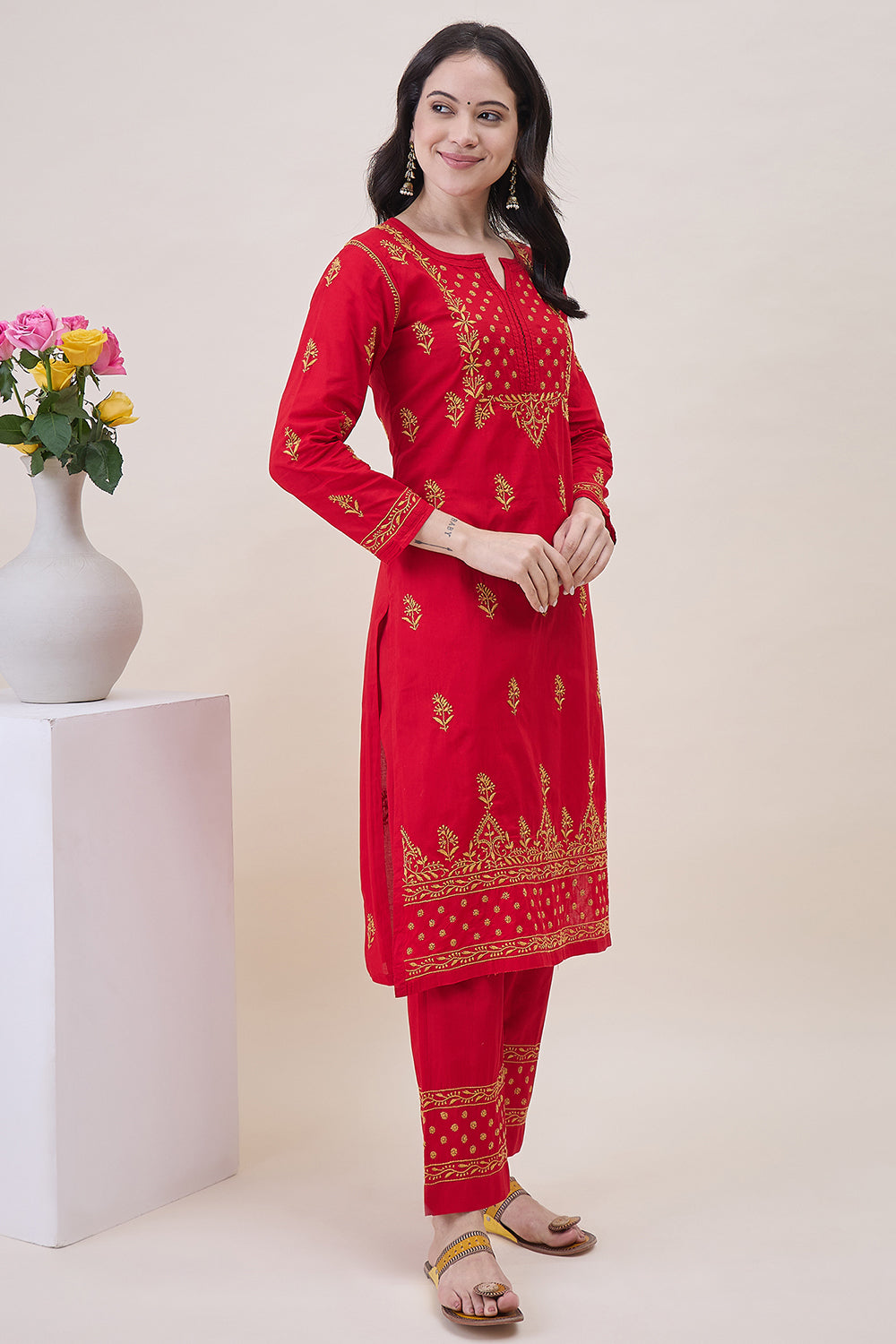 Red Cotton Mustard Chikankari Kurta With Pants With Pockets And Mustard Chikankari