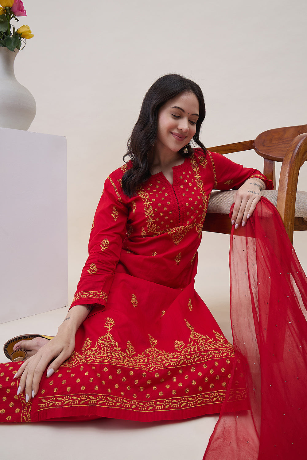 Red Cotton Mustard Chikankari Kurta With Pants With Pockets And Mustard Chikankari