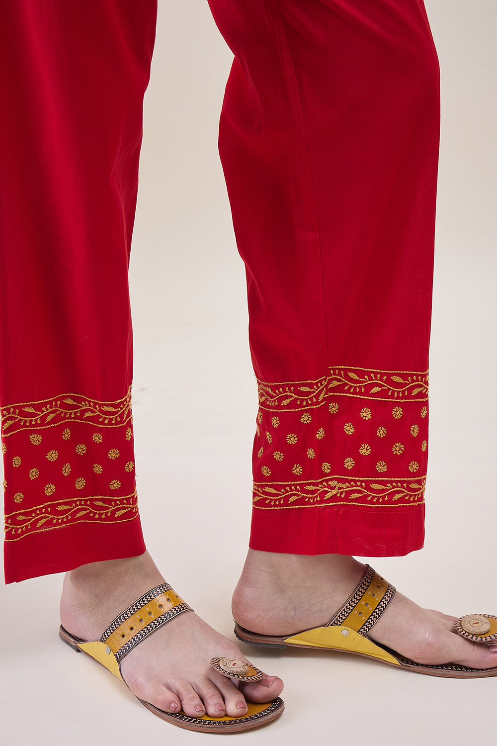 Red Cotton Mustard Chikankari Kurta With Pants With Pockets And Mustard Chikankari