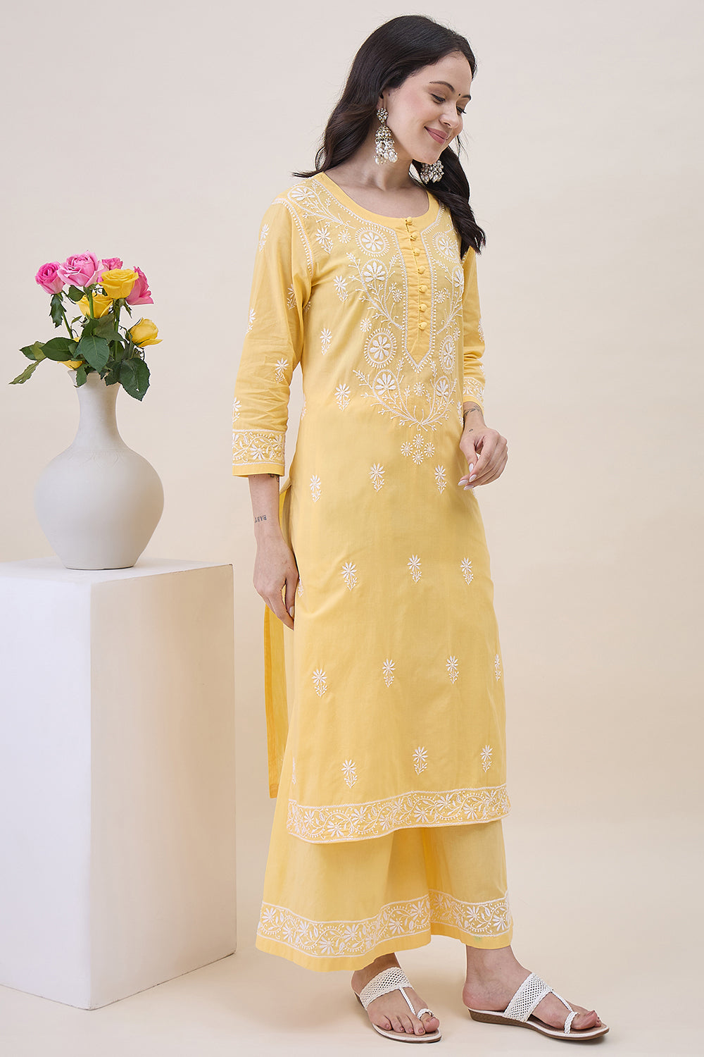 Yellow  Chikankari Cotton Round Neck Kurta With Sharara