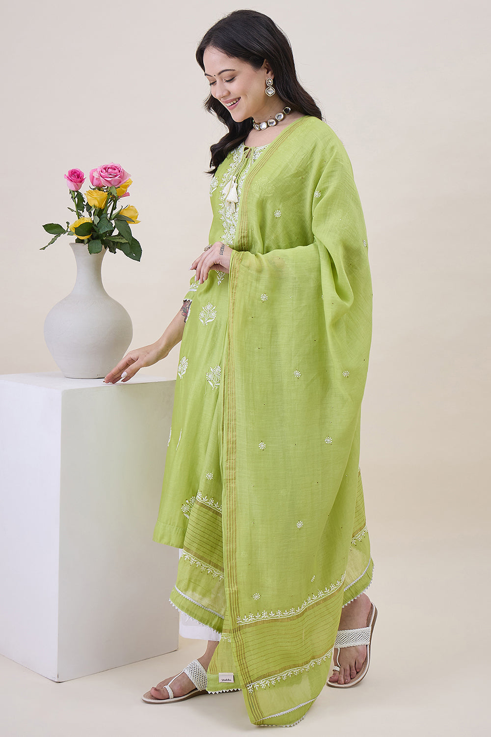 Green Chanderi Chikankari Kurta With Chanderi Dupatta Wiith Mukaish Work + Slip