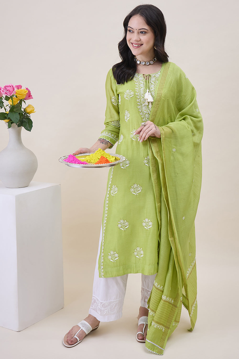 Green Chanderi Chikankari Kurta With Chanderi Dupatta Wiith Mukaish Work + Slip