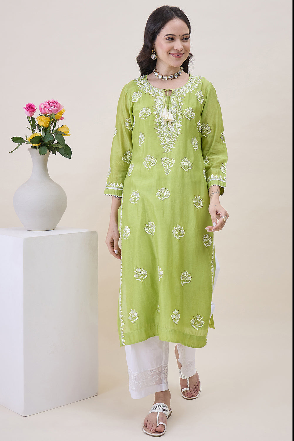 Green Chanderi Chikankari Kurta With Chanderi Dupatta Wiith Mukaish Work + Slip