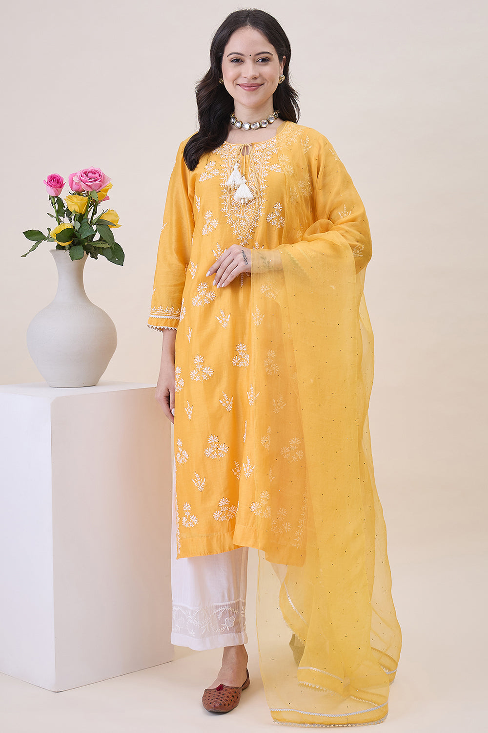 Mustard Yellow Chanderi Chikankari Kurta With Silk Organza Dupatta Wiith Mukaish Work + Slip