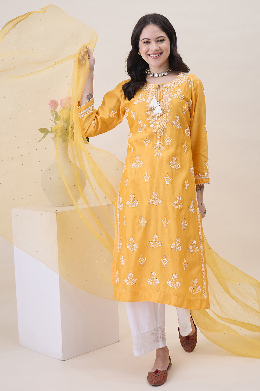 Mustard Yellow Chanderi Chikankari Kurta With Silk Organza Dupatta Wiith Mukaish Work + Slip