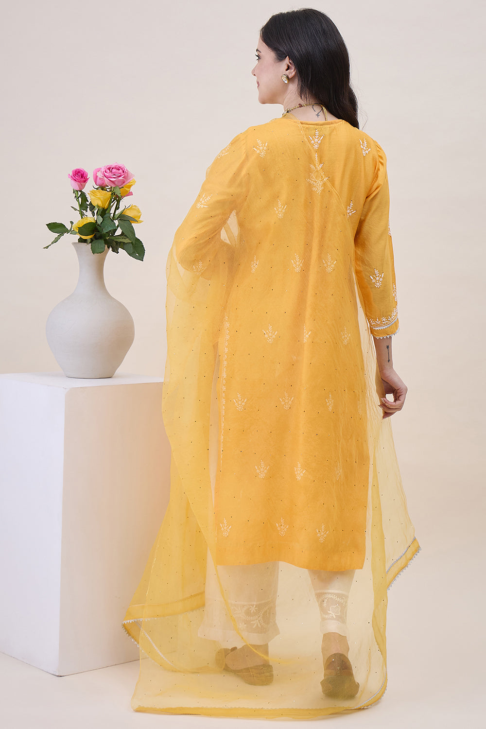 Mustard Yellow Chanderi Chikankari Kurta With Silk Organza Dupatta Wiith Mukaish Work + Slip