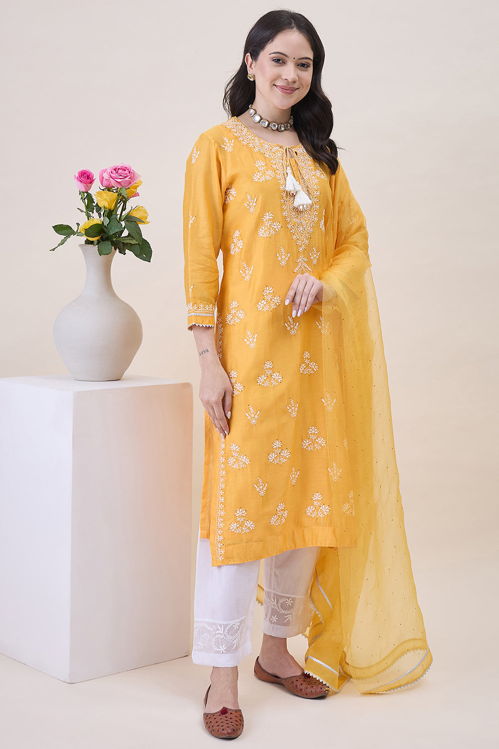 Mustard Yellow Chanderi Chikankari Kurta With Silk Organza Dupatta Wiith Mukaish Work + Slip
