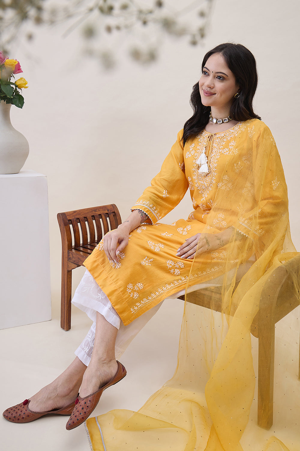 Mustard Yellow Chanderi Chikankari Kurta With Silk Organza Dupatta Wiith Mukaish Work + Slip