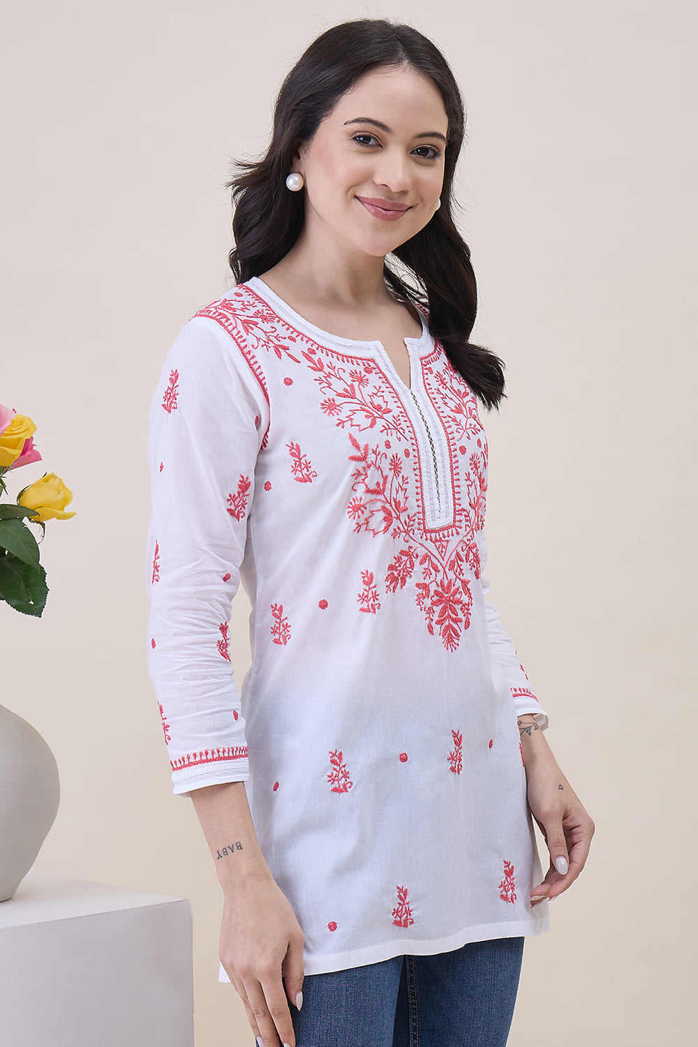 White Cotton Tunic With Chikankari
