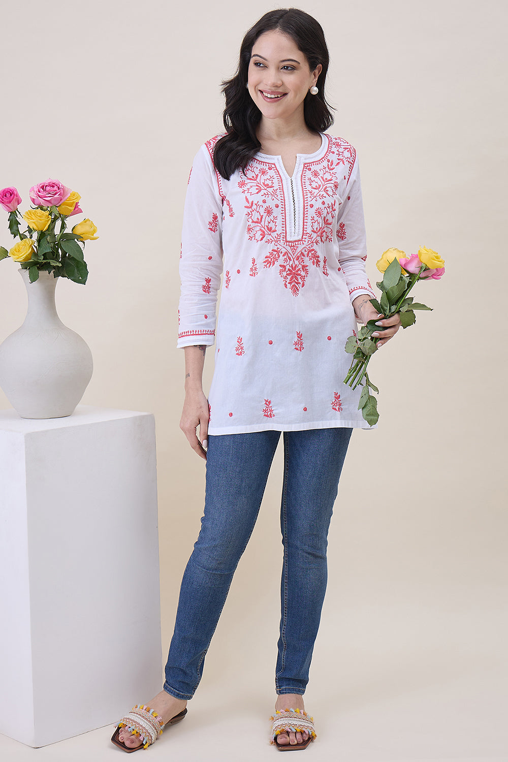 White Cotton Tunic With Chikankari