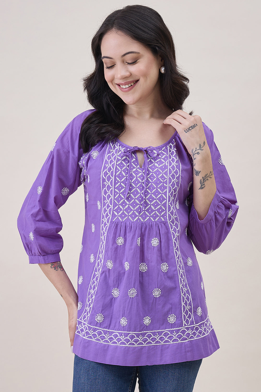 Purple Cotton Top With Front Ties And Chikankari