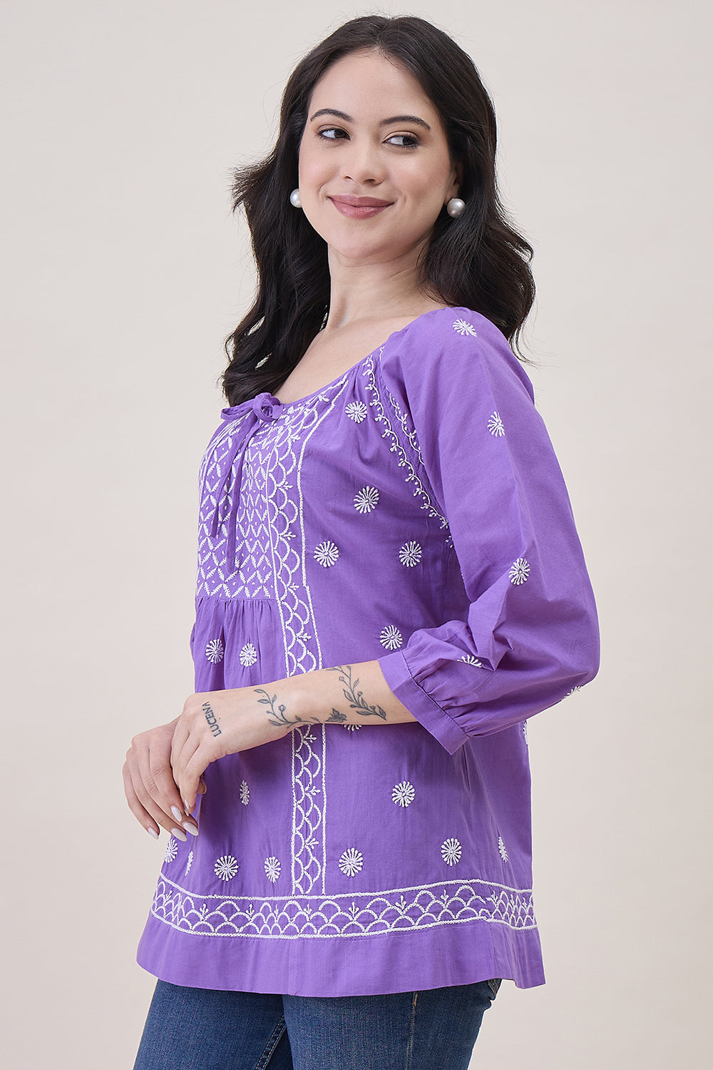 Purple Cotton Top With Front Ties And Chikankari